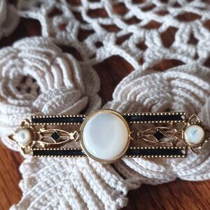 Vintage Art Deco Luster Faux Moon Stone Enamel Bar Style Brooch